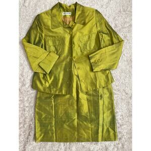 Vintage 80s Sz 12 Gruppo Americano Lime Green Silk Suit Skirt Set
